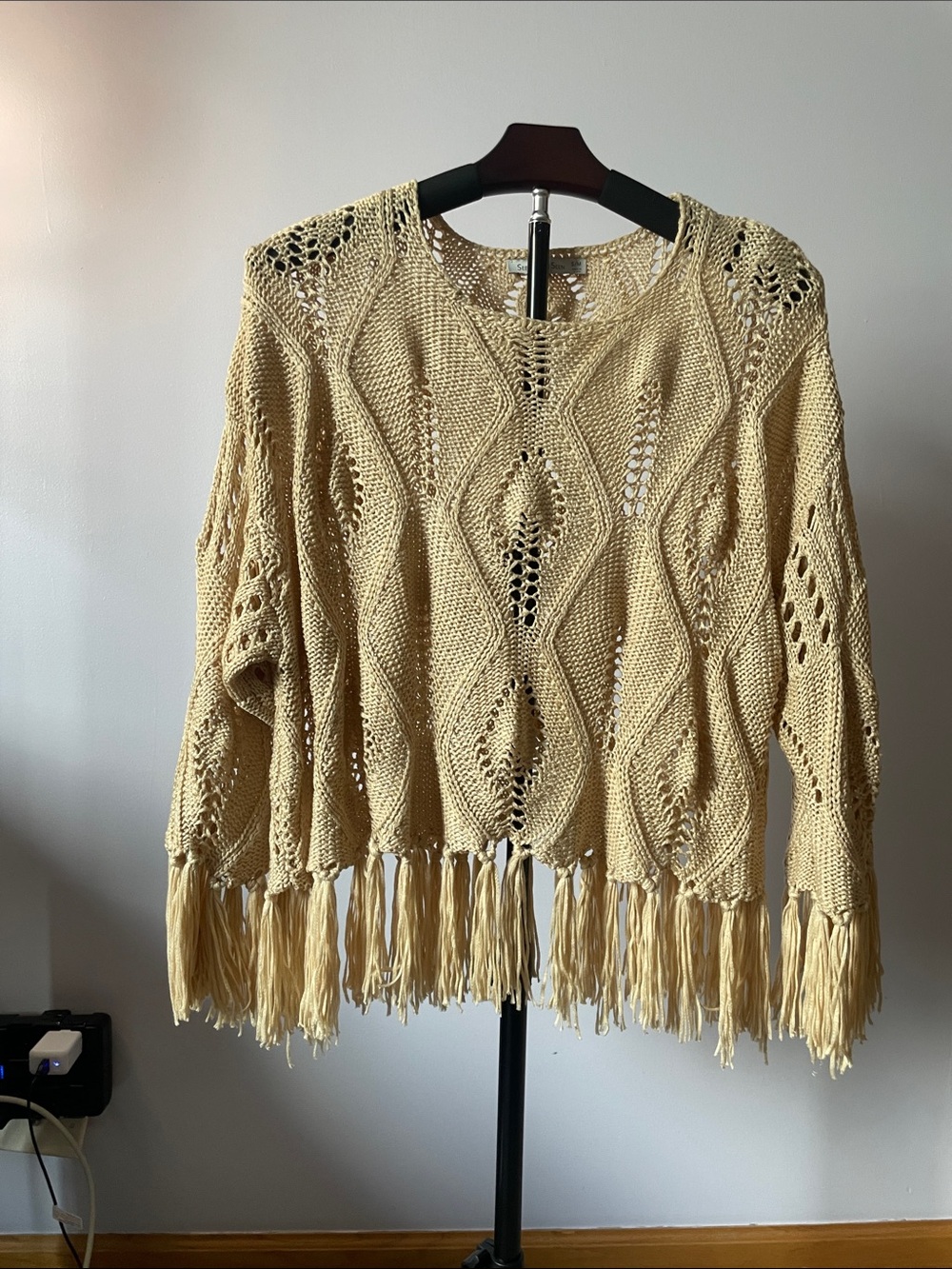 Fringed Open-Knit Sweater - Cream
